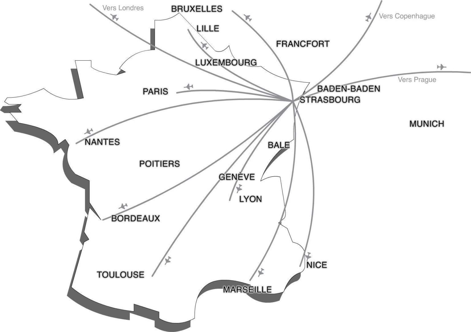 Carte aérienne en direction de Strasbourg